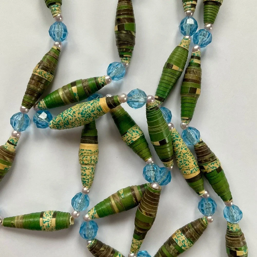 Handmade Paper Bead Necklace Green Blue Long Boho Indie Spindle Bead Strand 53in